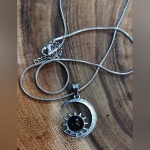 Silvertone Crescent Moon With Sun Pendant Necklace 18 Inches